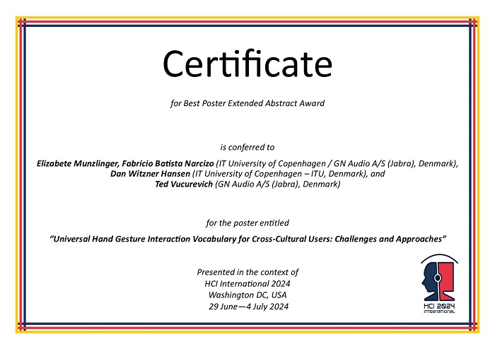 Certificate for Best Poster Extended Abstract Award. Details in text following the image